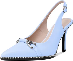 AUMOTED Women's Slingback High Heel Sliver Beaded Pointed Toe Pumps Slip On Stilettos High Heel Ankle Strap Dress Shoes 3.5 Inch