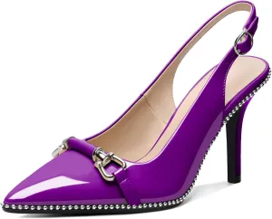 AUMOTED Women's Slingback High Heel Sliver Beaded Pointed Toe Pumps Slip On Stilettos High Heel Ankle Strap Dress Shoes 3.5 Inch