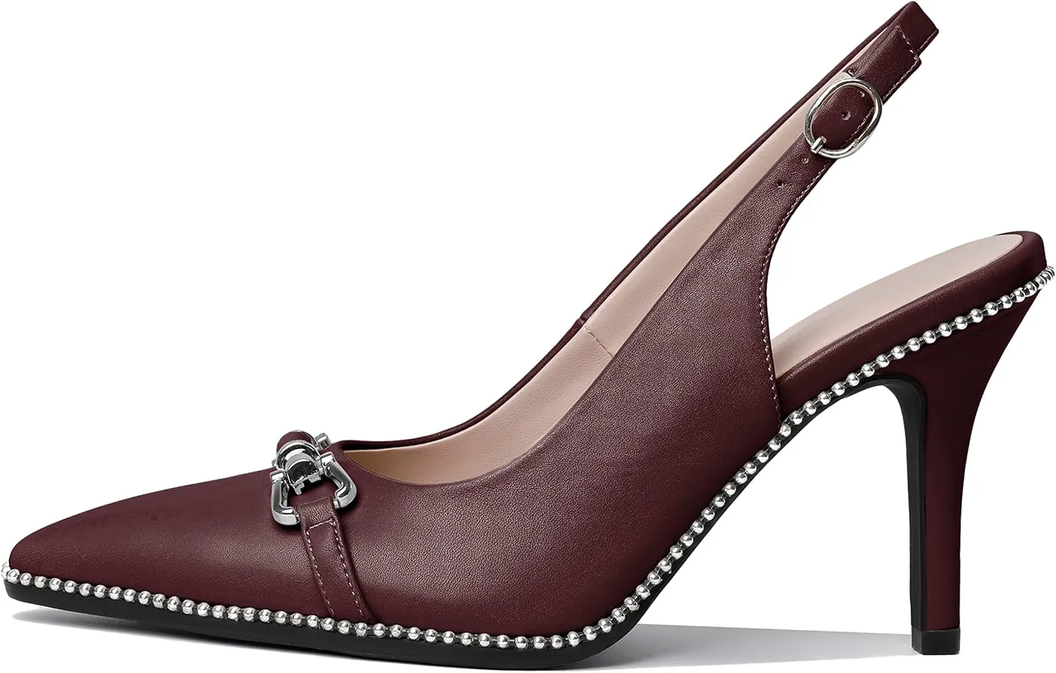 AUMOTED Women's Slingback High Heel Sliver Beaded Pointed Toe Pumps Slip On Stilettos High Heel Ankle Strap Dress Shoes 3.5 Inch
