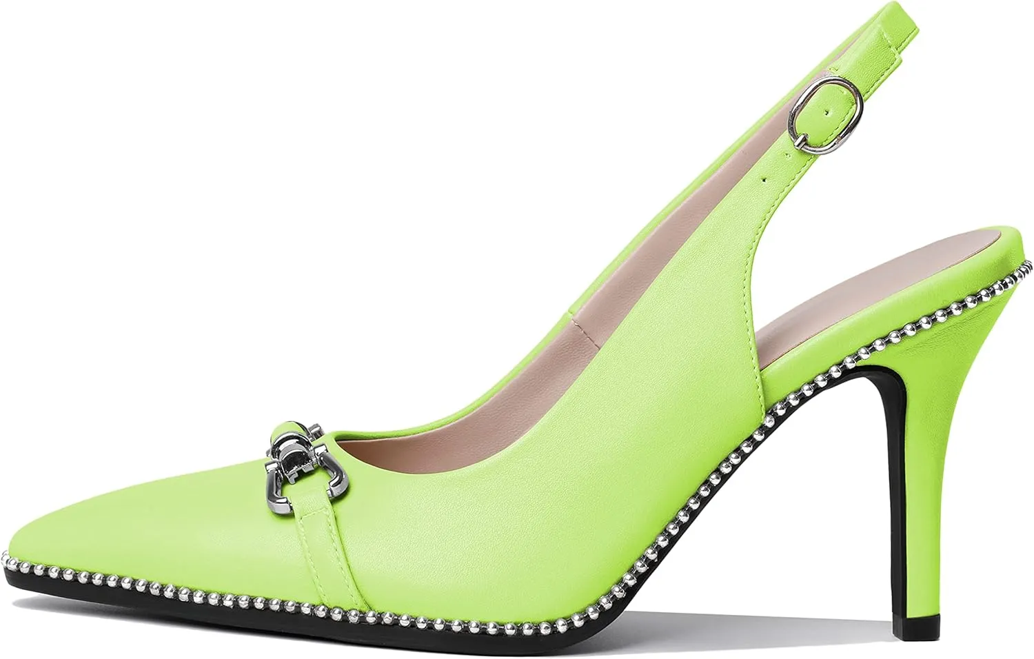 AUMOTED Women's Slingback High Heel Sliver Beaded Pointed Toe Pumps Slip On Stilettos High Heel Ankle Strap Dress Shoes 3.5 Inch