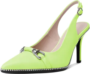 AUMOTED Women's Slingback High Heel Sliver Beaded Pointed Toe Pumps Slip On Stilettos High Heel Ankle Strap Dress Shoes 3.5 Inch
