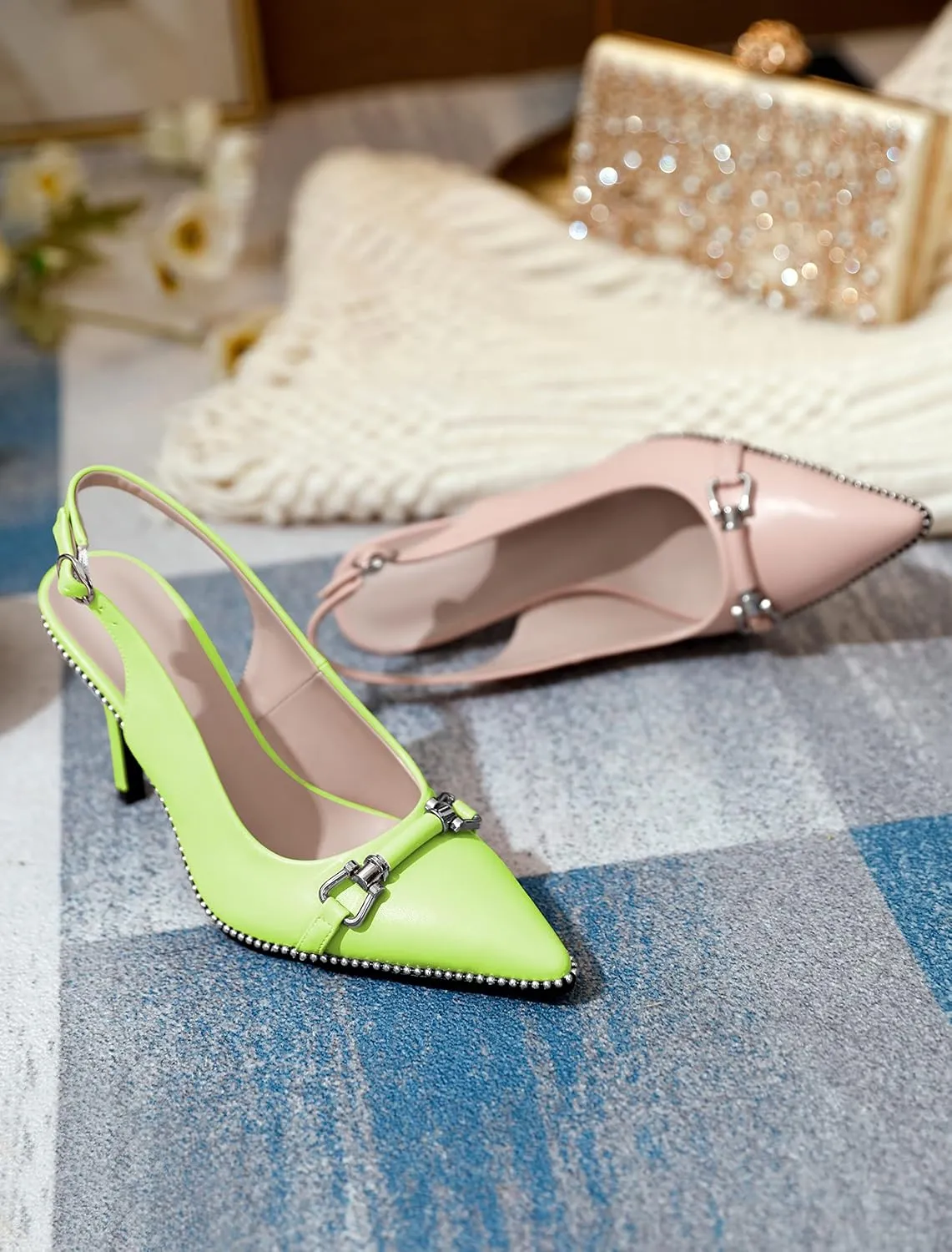 AUMOTED Women's Slingback High Heel Sliver Beaded Pointed Toe Pumps Slip On Stilettos High Heel Ankle Strap Dress Shoes 3.5 Inch