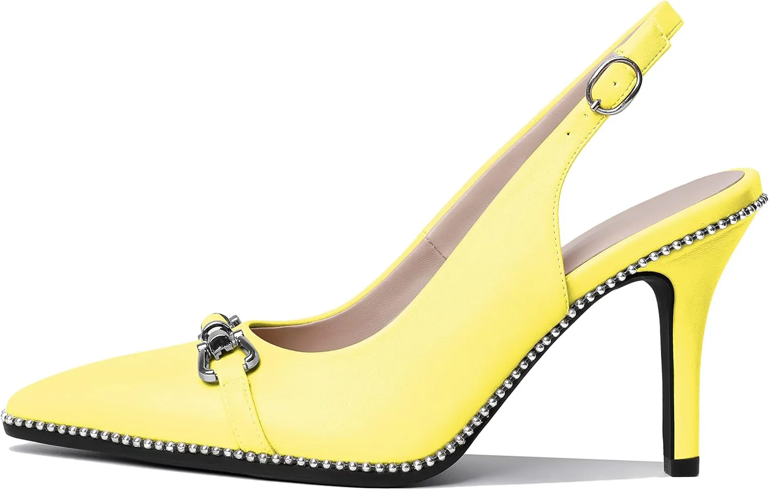 AUMOTED Women's Slingback High Heel Sliver Beaded Pointed Toe Pumps Slip On Stilettos High Heel Ankle Strap Dress Shoes 3.5 Inch