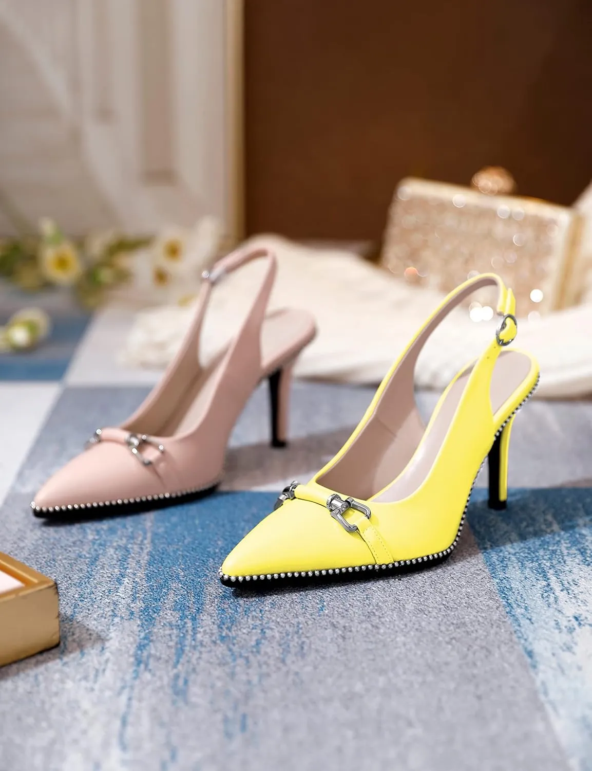 AUMOTED Women's Slingback High Heel Sliver Beaded Pointed Toe Pumps Slip On Stilettos High Heel Ankle Strap Dress Shoes 3.5 Inch