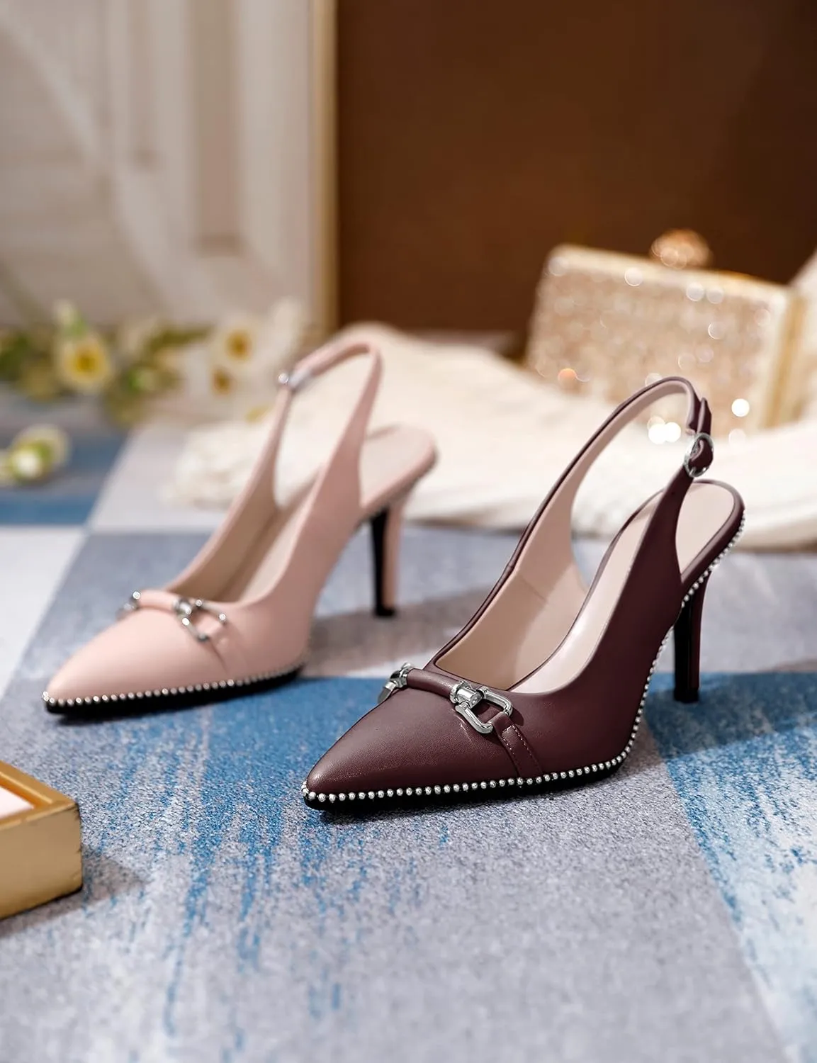AUMOTED Women's Slingback High Heel Sliver Beaded Pointed Toe Pumps Slip On Stilettos High Heel Ankle Strap Dress Shoes 3.5 Inch