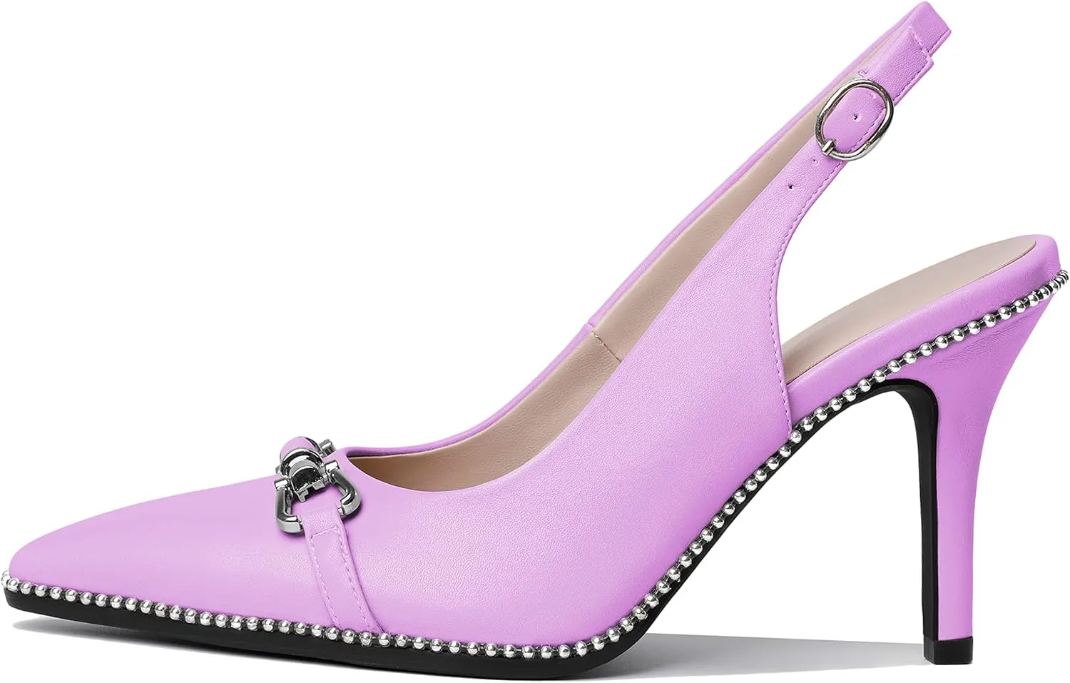 AUMOTED Women's Slingback High Heel Sliver Beaded Pointed Toe Pumps Slip On Stilettos High Heel Ankle Strap Dress Shoes 3.5 Inch