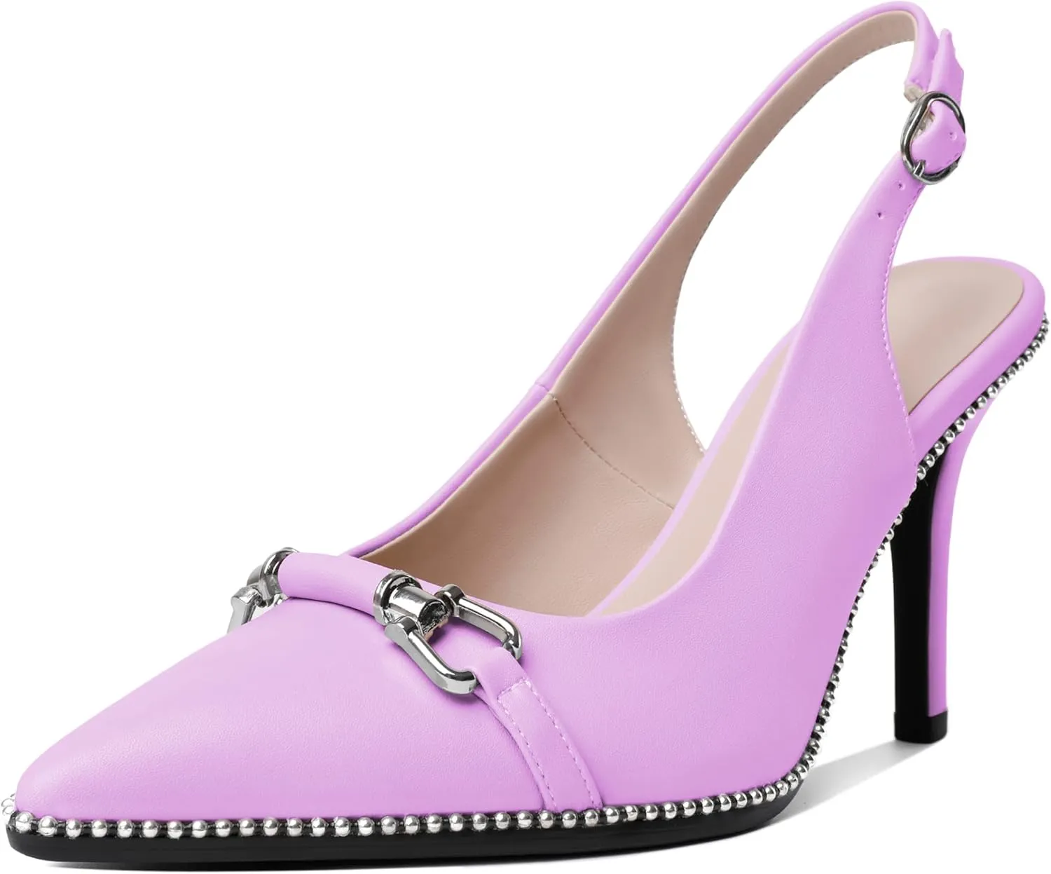 AUMOTED Women's Slingback High Heel Sliver Beaded Pointed Toe Pumps Slip On Stilettos High Heel Ankle Strap Dress Shoes 3.5 Inch