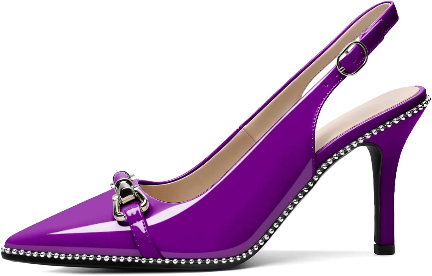 AUMOTED Women's Slingback High Heel Sliver Beaded Pointed Toe Pumps Slip On Stilettos High Heel Ankle Strap Dress Shoes 3.5 Inch