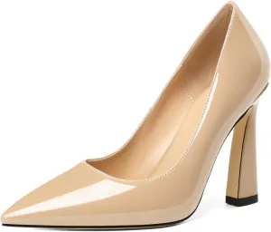 AUMOTED Women's Stilettos High Heels Close Pointed Toe Spool Slip-on Heels Pumps Patent Solid Dating Party Dress Shoes 4 Inch