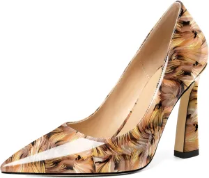 AUMOTED Women's Stilettos High Heels Close Pointed Toe Spool Slip-on Heels Pumps Patent Solid Dating Party Dress Shoes 4 Inch