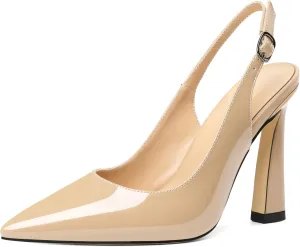 AUMOTED Women's Stilettos High Heels Slingback Pumps Close Pointed Toe Spool Heels Patent Solid Dating Party Dress Shoes 4 Inch