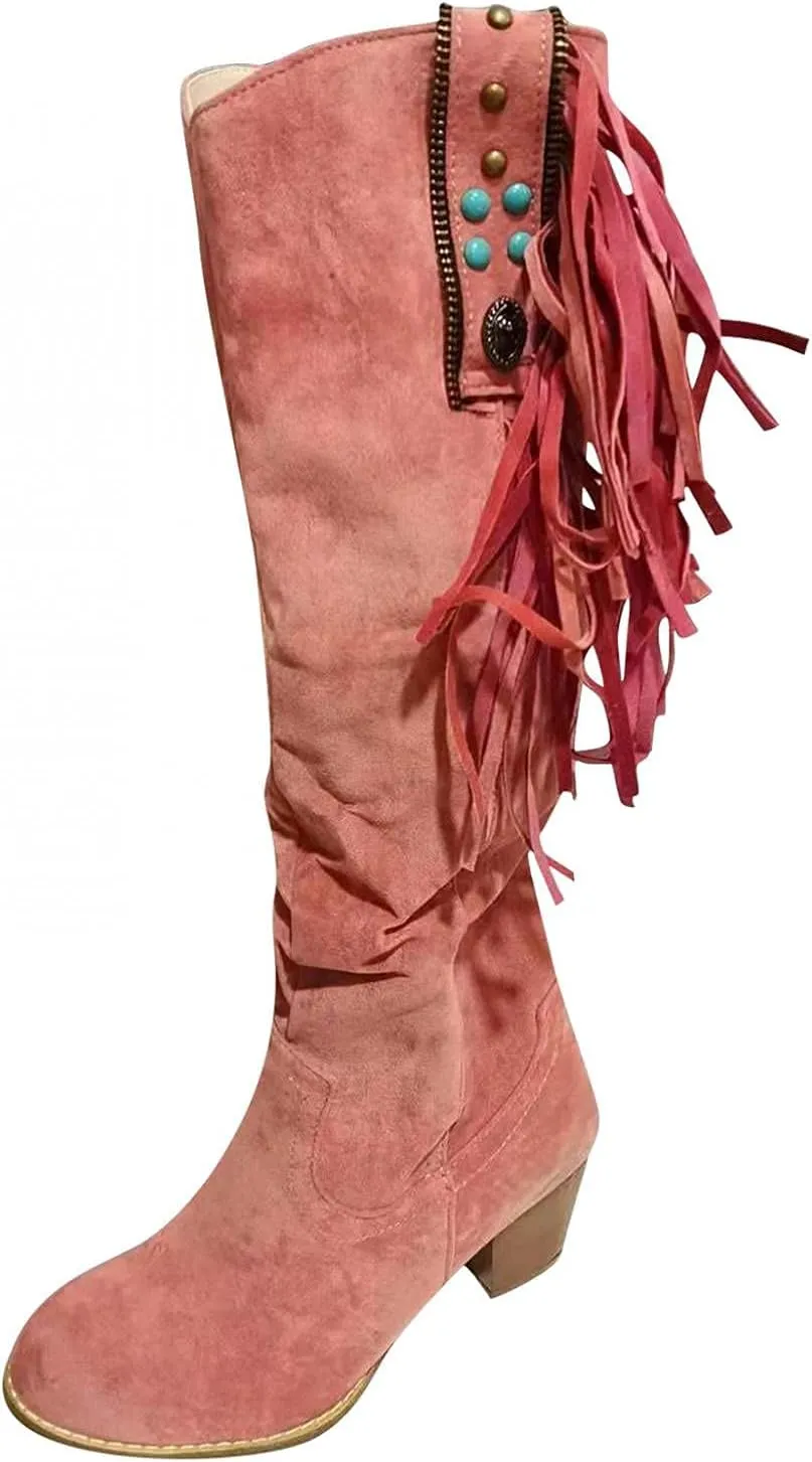 Bcshiye Women's Chunky Heel Knee High Dress Boots Winter Western Mid Calf Boots Low Heels Zipper Comfort Riding Boots