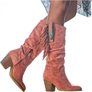Bcshiye Women's Chunky Heel Knee High Dress Boots Winter Western Mid Calf Boots Low Heels Zipper Comfort Riding Boots