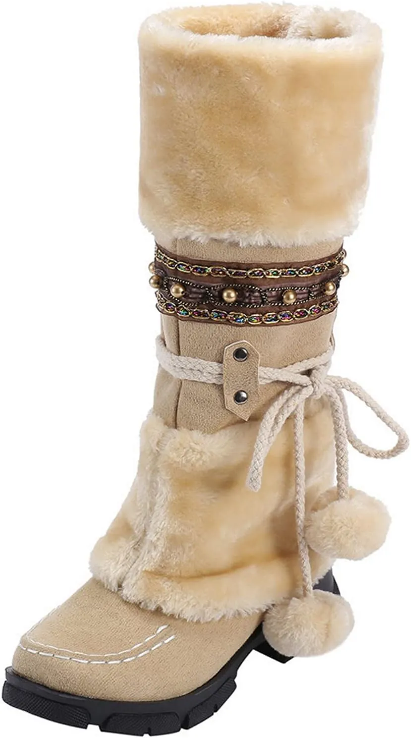 Bcshiye Women's Winter Snow Boots Retro Mid-Calf Fur Lined Warm Shoes Fashion Cold-Resistant Outdoor Knee High Boots