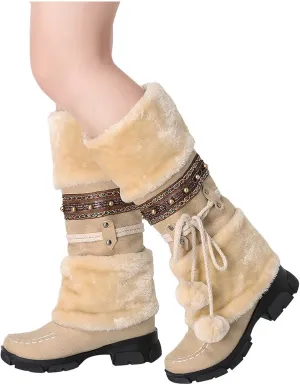 Bcshiye Women's Winter Snow Boots Retro Mid-Calf Fur Lined Warm Shoes Fashion Cold-Resistant Outdoor Knee High Boots