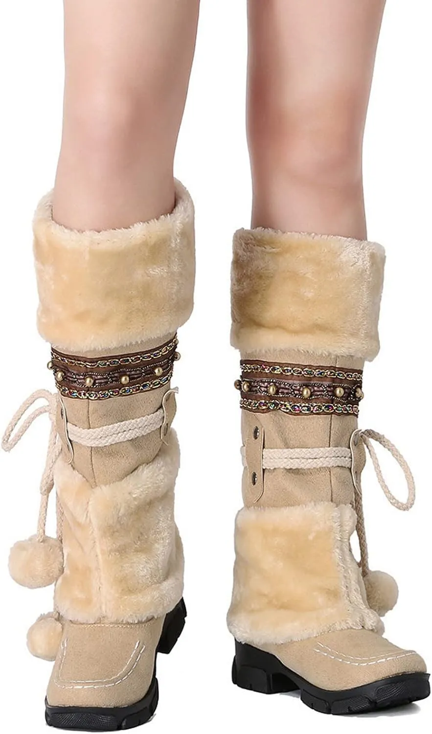 Bcshiye Women's Winter Snow Boots Retro Mid-Calf Fur Lined Warm Shoes Fashion Cold-Resistant Outdoor Knee High Boots