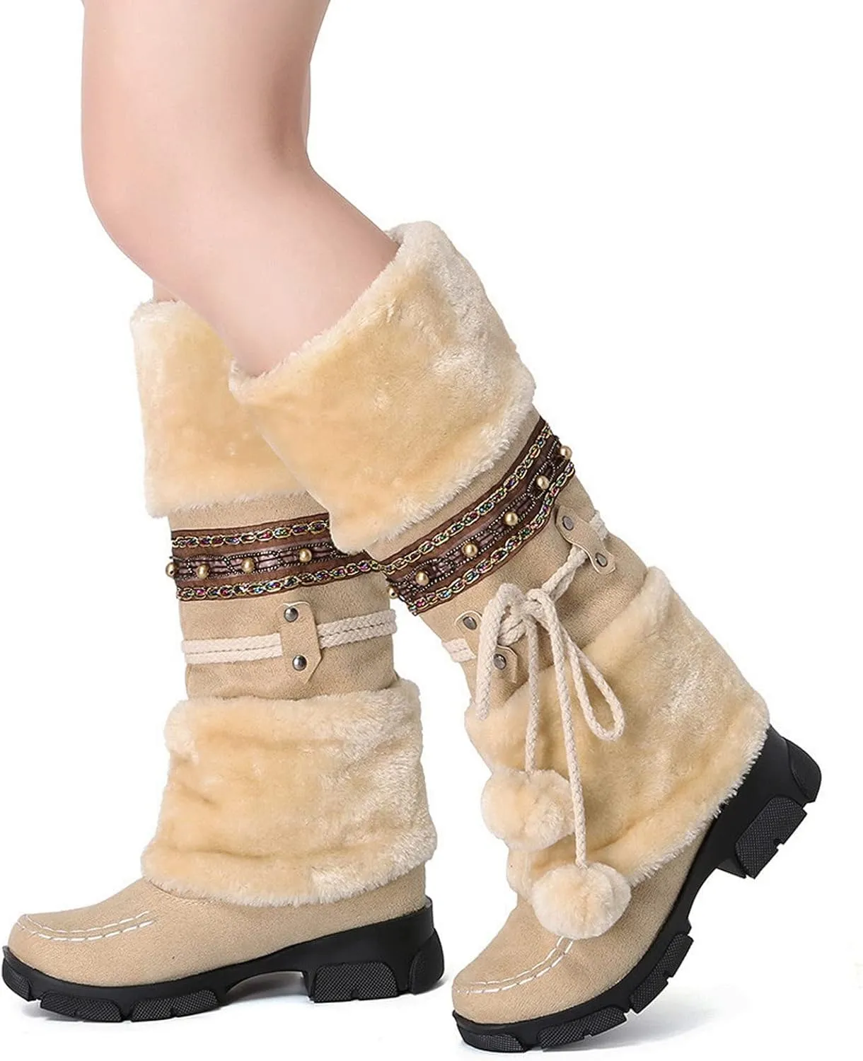 Bcshiye Women's Winter Snow Boots Retro Mid-Calf Fur Lined Warm Shoes Fashion Cold-Resistant Outdoor Knee High Boots