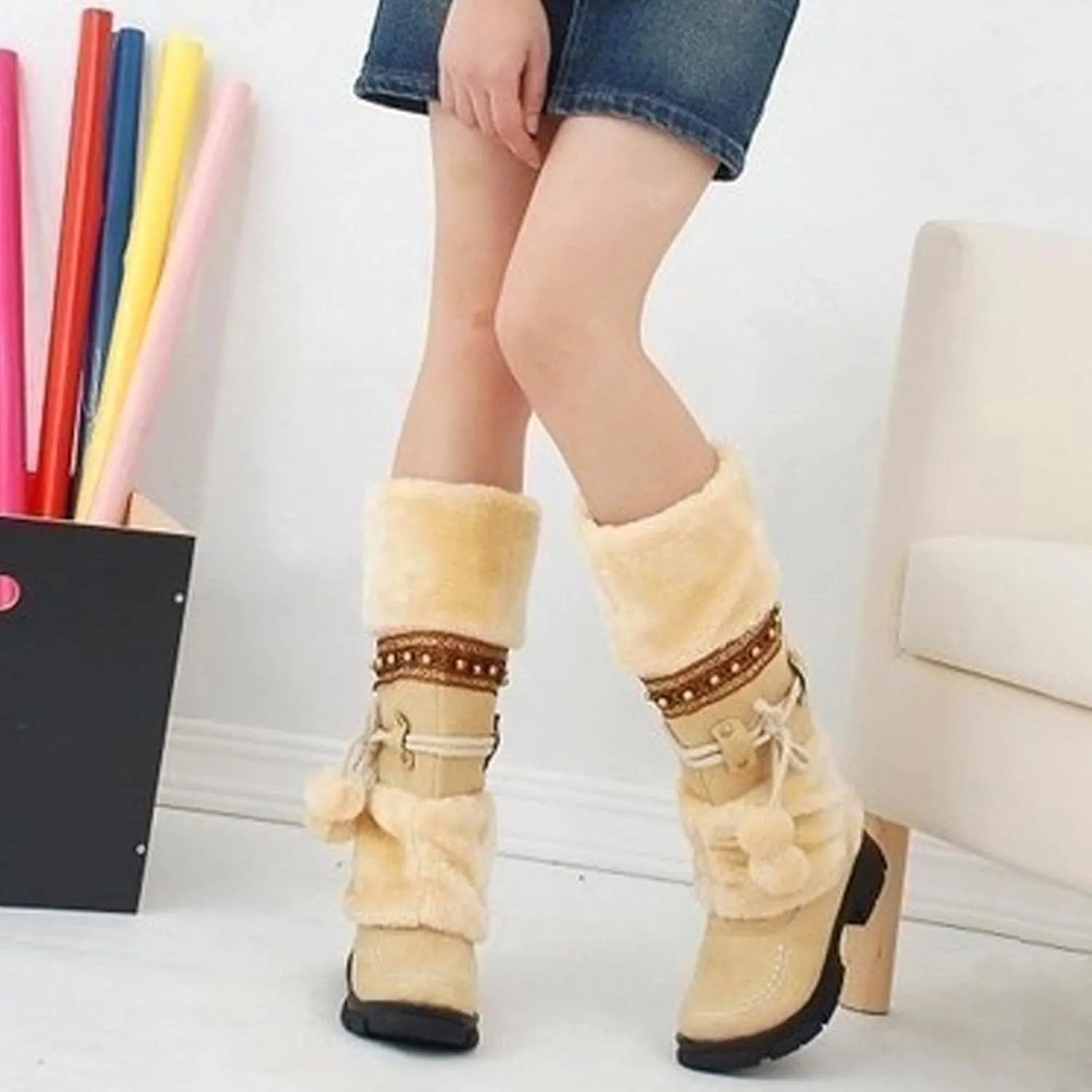 Bcshiye Women's Winter Snow Boots Retro Mid-Calf Fur Lined Warm Shoes Fashion Cold-Resistant Outdoor Knee High Boots