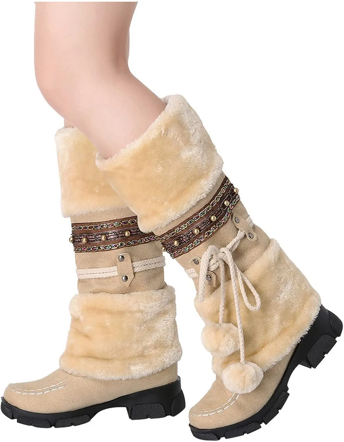 Bcshiye Women's Winter Snow Boots Retro Mid-Calf Fur Lined Warm Shoes Fashion Cold-Resistant Outdoor Knee High Boots