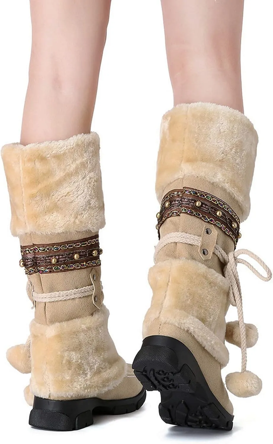 Bcshiye Women's Winter Snow Boots Retro Mid-Calf Fur Lined Warm Shoes Fashion Cold-Resistant Outdoor Knee High Boots