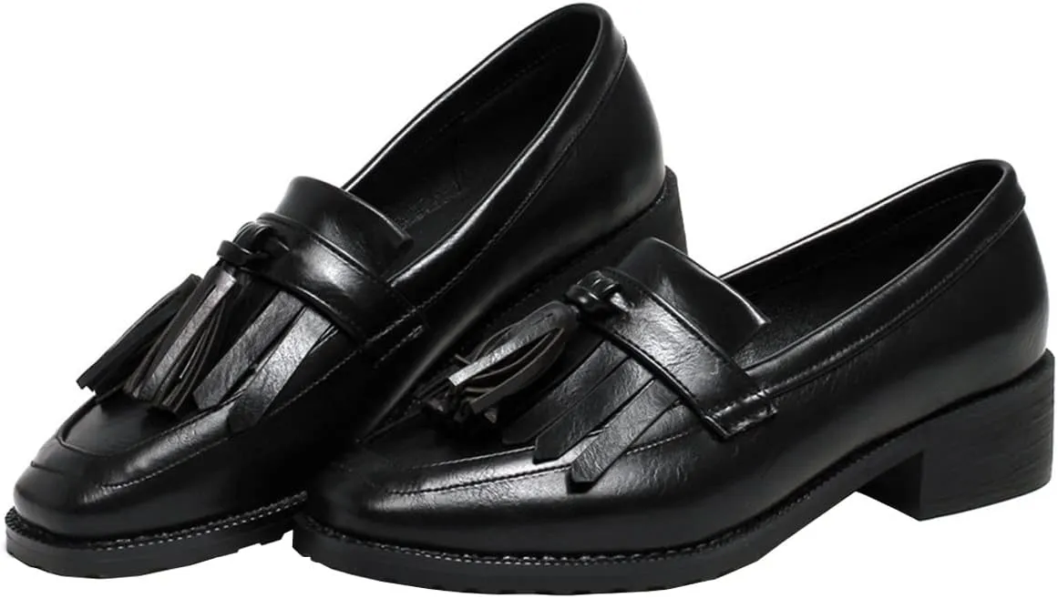 Betastella Women's Low Heel Tassel Loafers Chunky Pull On Square Toe Pumps