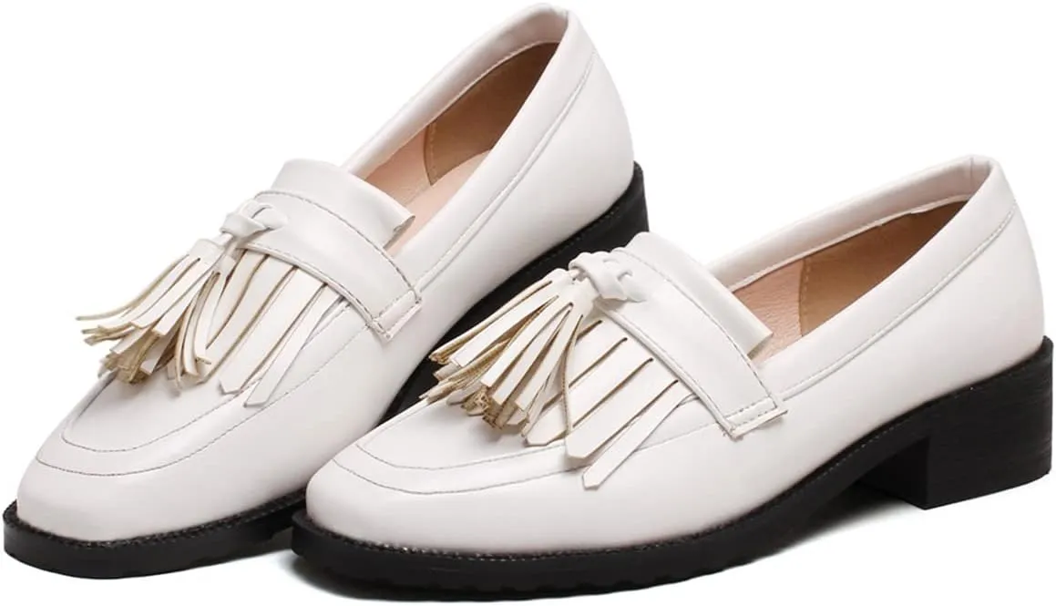 Betastella Women's Low Heel Tassel Loafers Chunky Pull On Square Toe Pumps