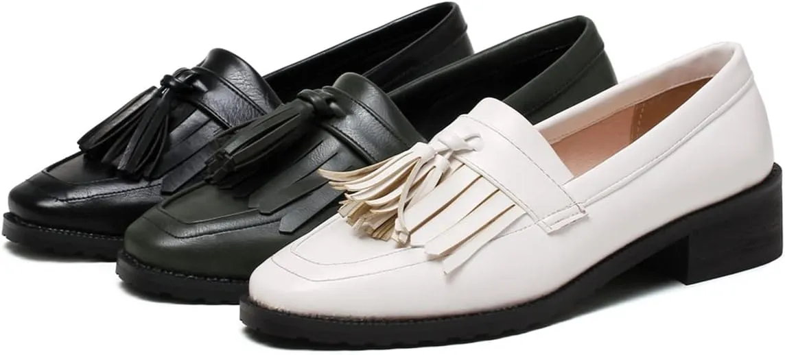 Betastella Women's Low Heel Tassel Loafers Chunky Pull On Square Toe Pumps