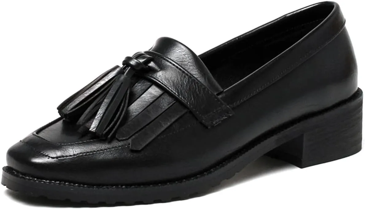 Betastella Women's Low Heel Tassel Loafers Chunky Pull On Square Toe Pumps
