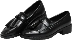 Betastella Women's Low Heel Tassel Loafers Chunky Pull On Square Toe Pumps