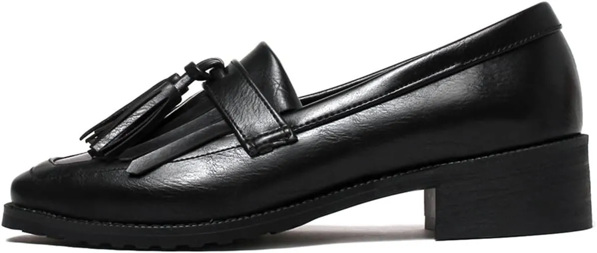 Betastella Women's Low Heel Tassel Loafers Chunky Pull On Square Toe Pumps