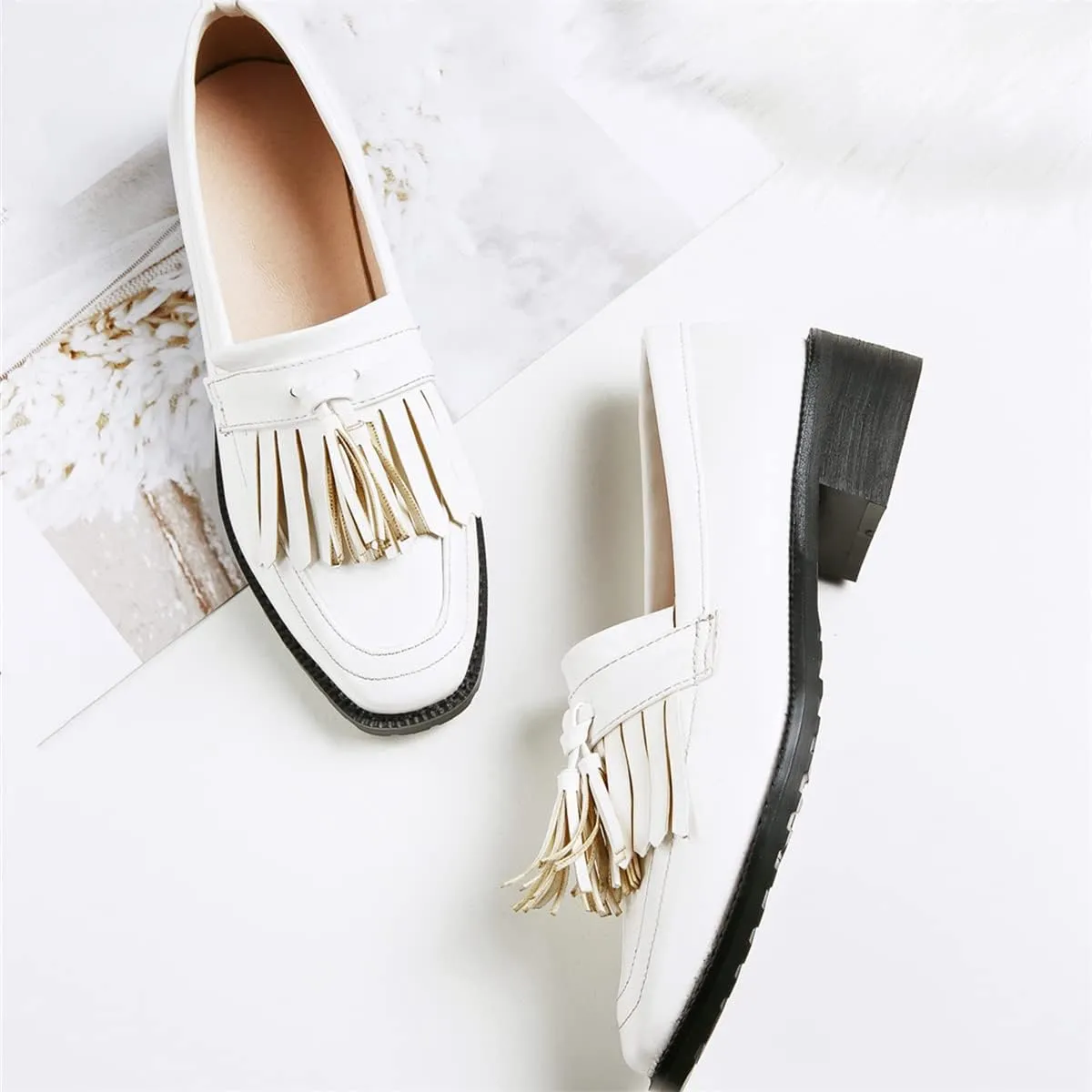 Betastella Women's Low Heel Tassel Loafers Chunky Pull On Square Toe Pumps