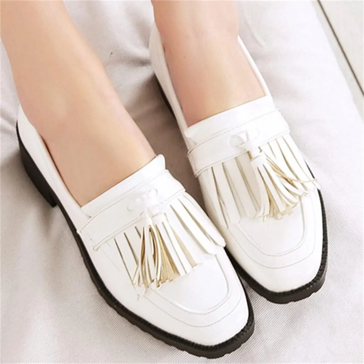 Betastella Women's Low Heel Tassel Loafers Chunky Pull On Square Toe Pumps