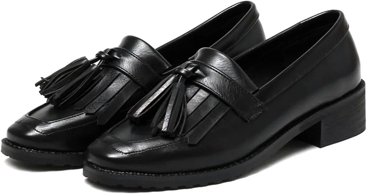 Betastella Women's Low Heel Tassel Loafers Chunky Pull On Square Toe Pumps