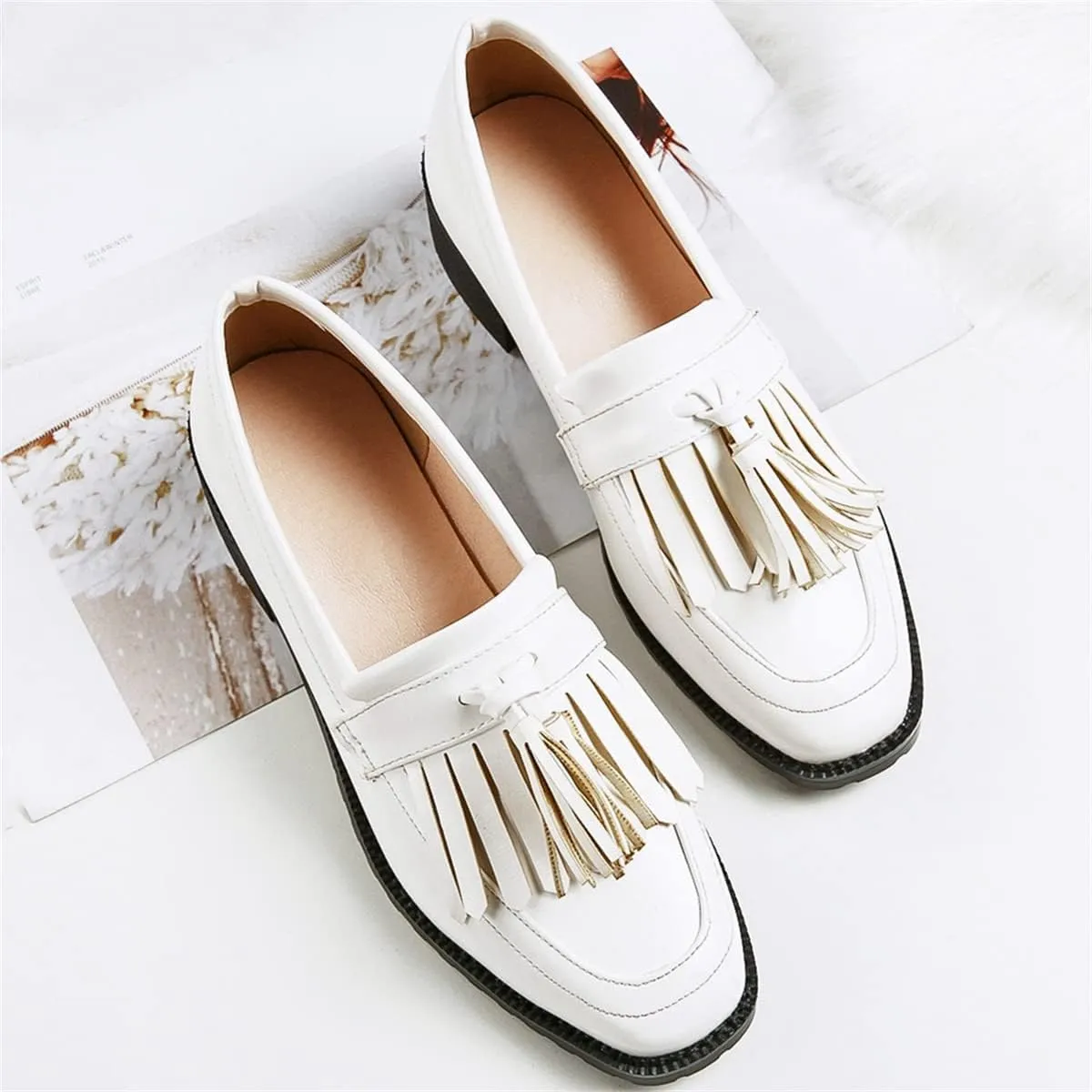 Betastella Women's Low Heel Tassel Loafers Chunky Pull On Square Toe Pumps