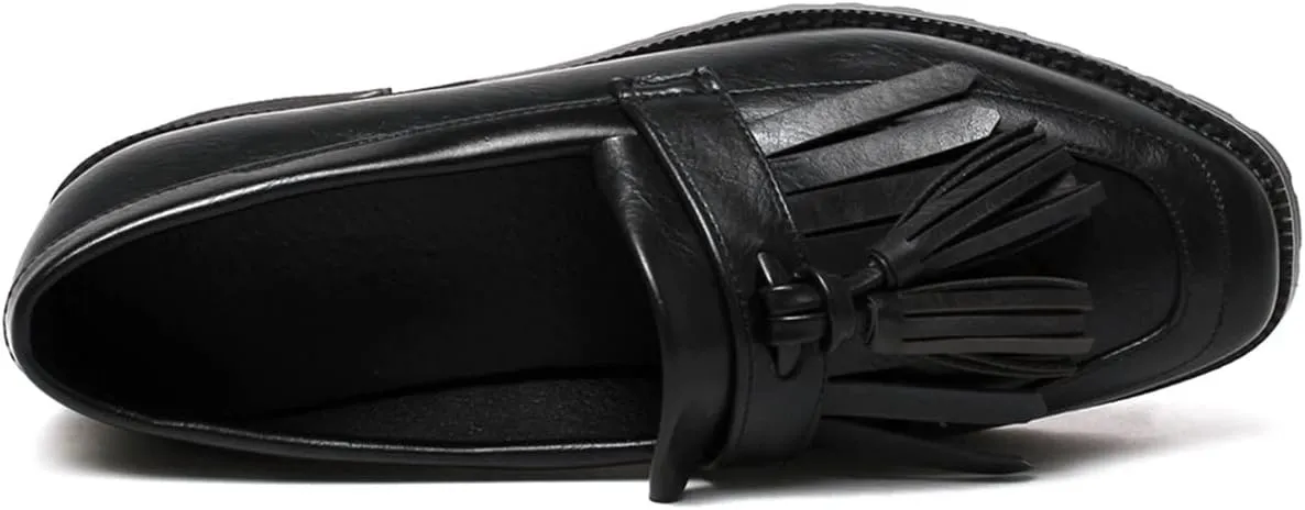 Betastella Women's Low Heel Tassel Loafers Chunky Pull On Square Toe Pumps
