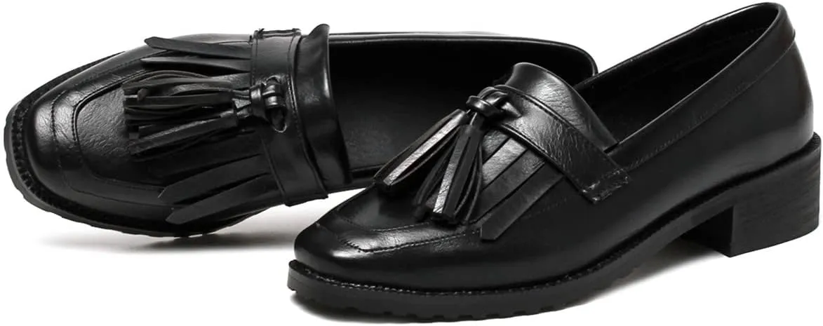 Betastella Women's Low Heel Tassel Loafers Chunky Pull On Square Toe Pumps