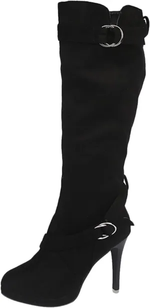 Boots Boots Warm Retro for Women's Knee-High Leather Boots Long Mid-Calf Heel Flat Shoes Leather Knee Boots for Women (Black, 7.5)