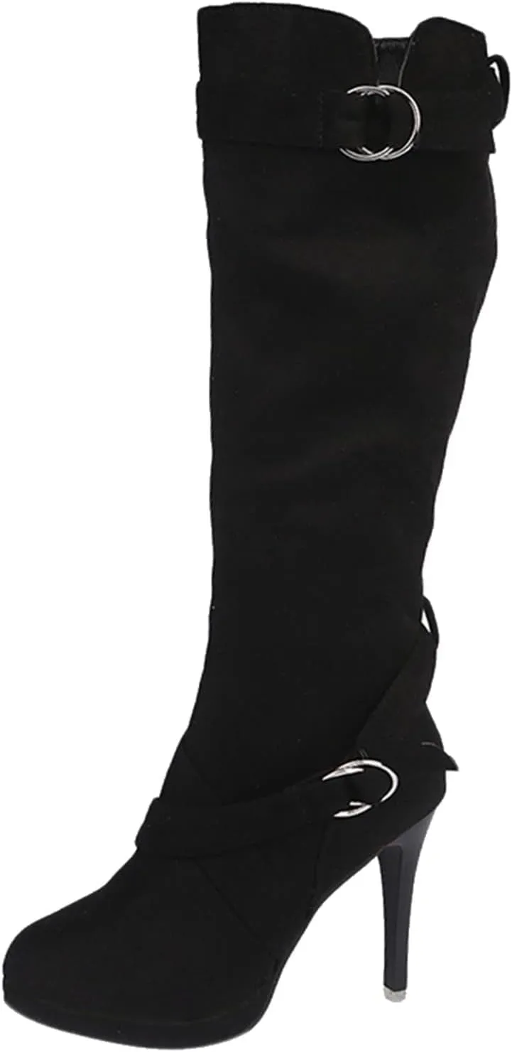 Boots Boots Warm Retro for Women's Knee-High Leather Boots Long Mid-Calf Heel Flat Shoes Leather Knee Boots for Women (Black, 7.5)