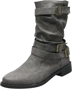 Boots for Women Low Heel Mid Calf Fashion Combat Boots Side zipper Western Boots Chunky Platform Boots Winter Fall