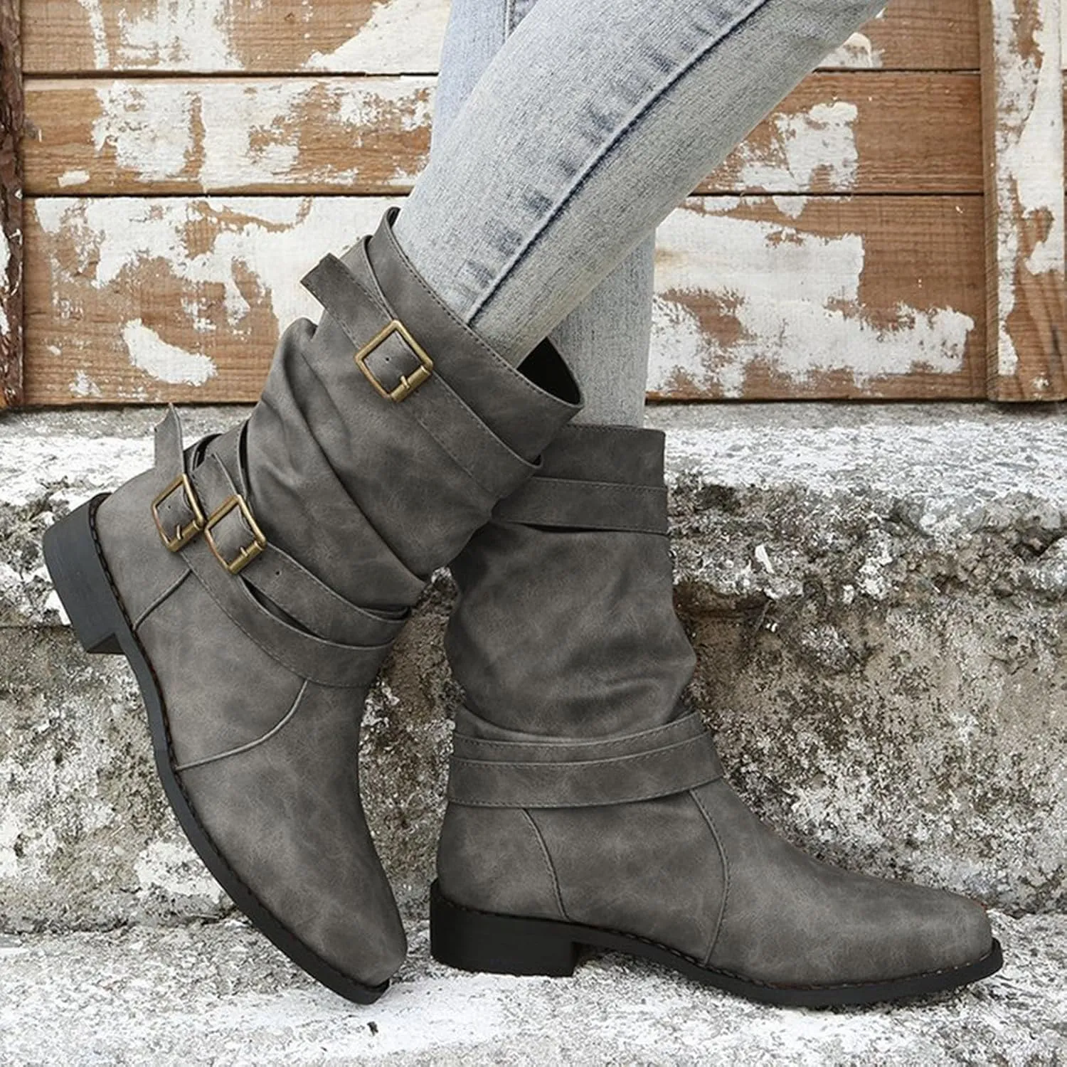 Boots for Women Low Heel Mid Calf Fashion Combat Boots Side zipper Western Boots Chunky Platform Boots Winter Fall