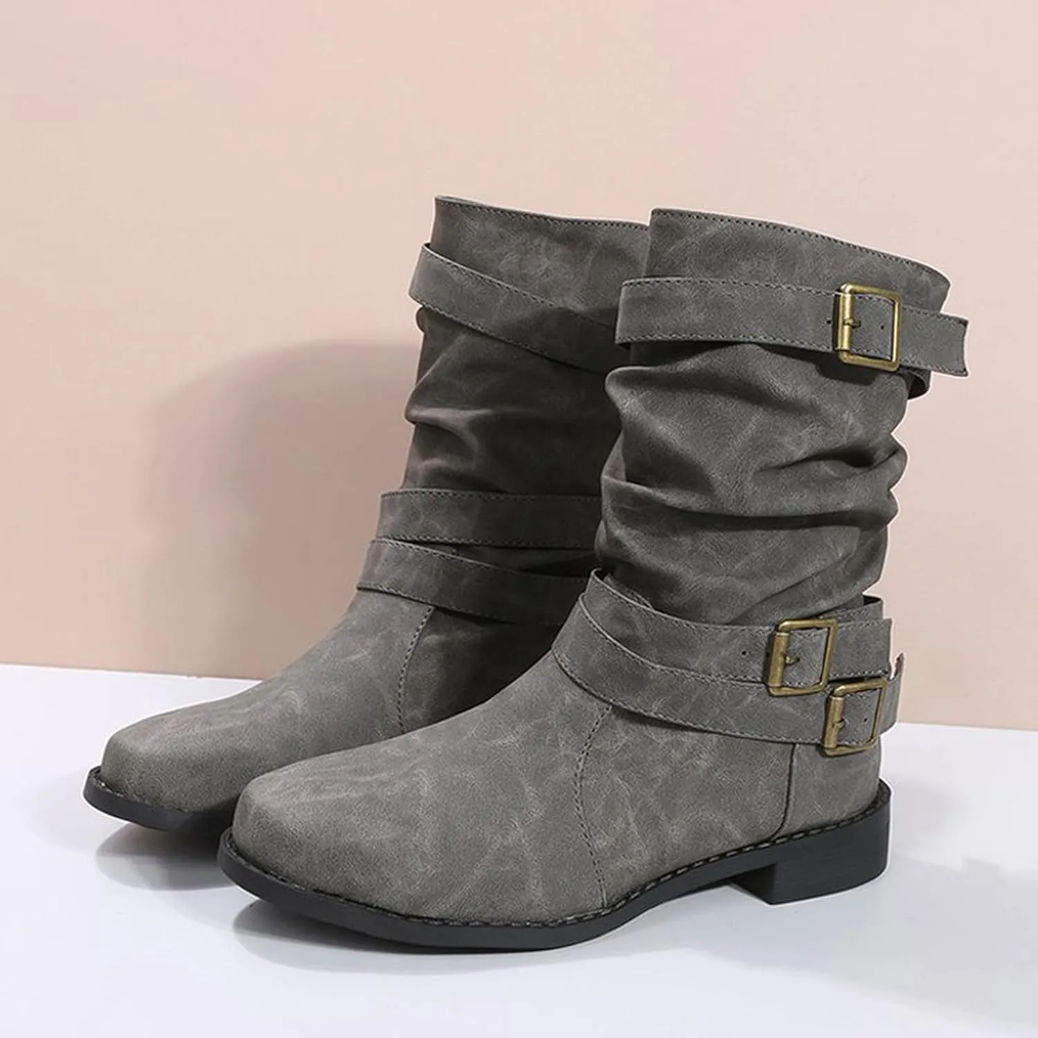 Boots for Women Low Heel Mid Calf Fashion Combat Boots Side zipper Western Boots Chunky Platform Boots Winter Fall