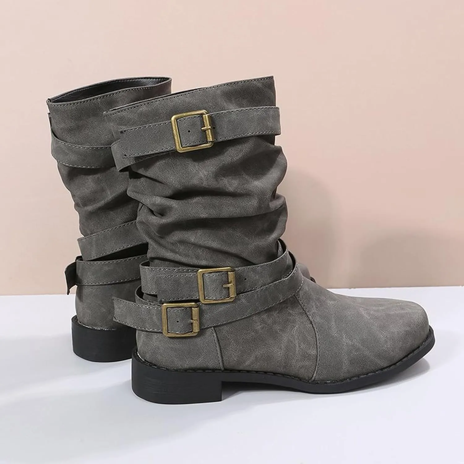 Boots for Women Low Heel Mid Calf Fashion Combat Boots Side zipper Western Boots Chunky Platform Boots Winter Fall