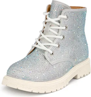 Boys Girls Rhinestone Combat Boots Side Zipper Lace Up Comfortable Fashion Dress Combat Boots
