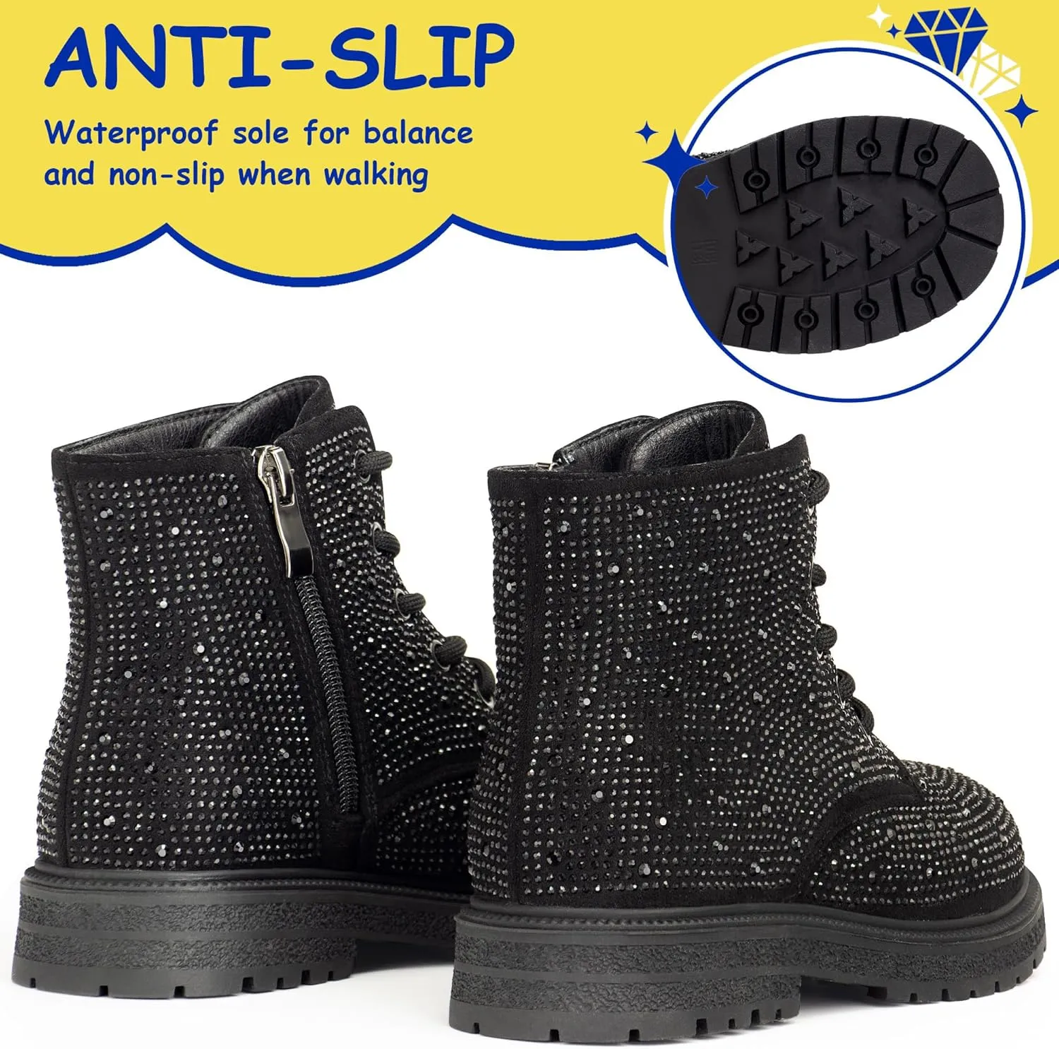 Boys Girls Rhinestone Combat Boots Side Zipper Lace Up Comfortable Fashion Dress Combat Boots