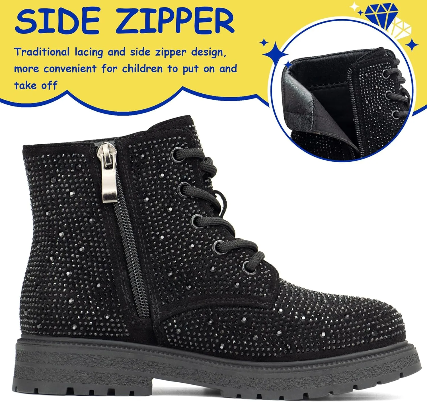 Boys Girls Rhinestone Combat Boots Side Zipper Lace Up Comfortable Fashion Dress Combat Boots