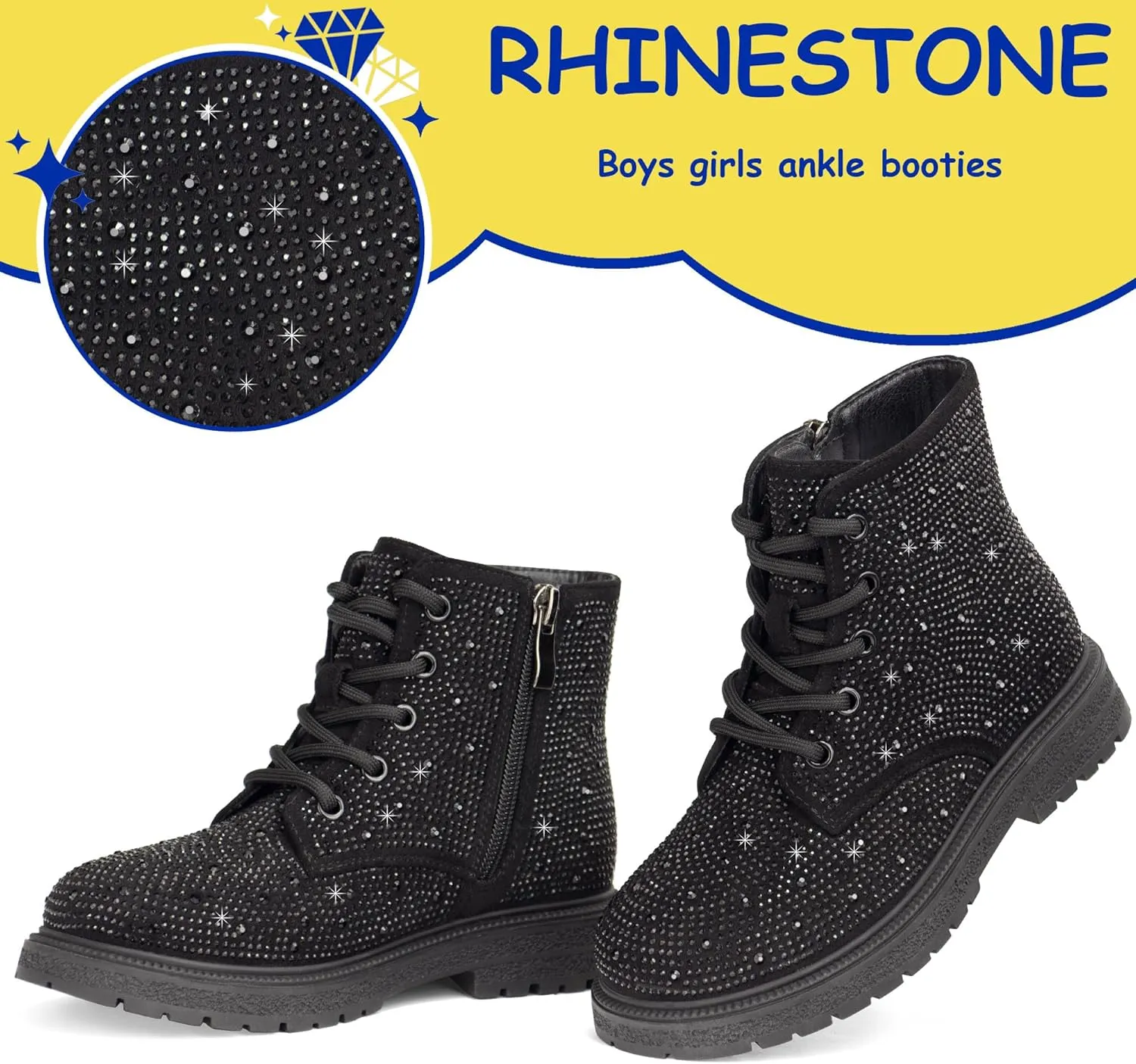Boys Girls Rhinestone Combat Boots Side Zipper Lace Up Comfortable Fashion Dress Combat Boots