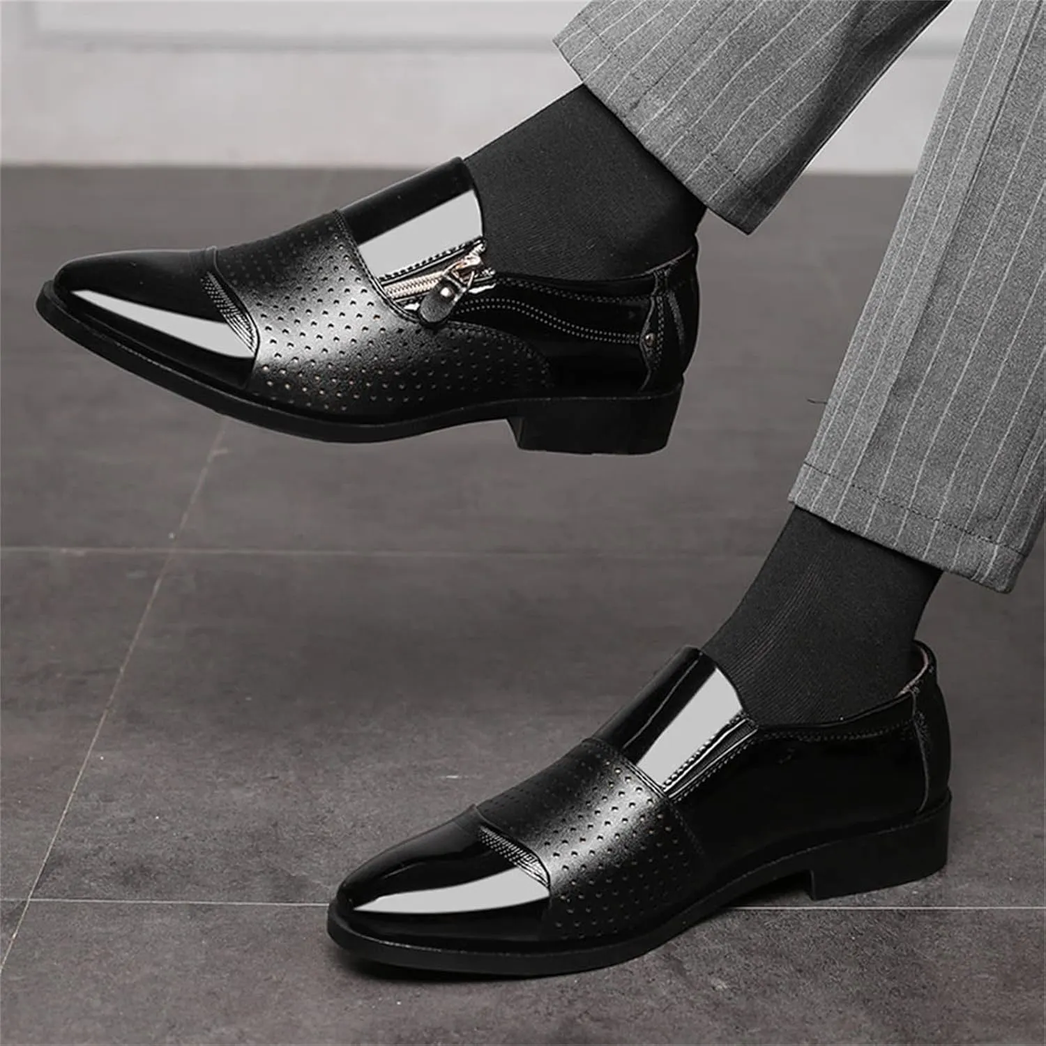 Brown Dress Shoes for Men Wide Fashion Summer and Autumn Men Leather Shoes Pointed Toe Low Heel Zipper Hollow Breathable Leisure Mens Dress Shoes Formal Classic Lace Up Oxfords