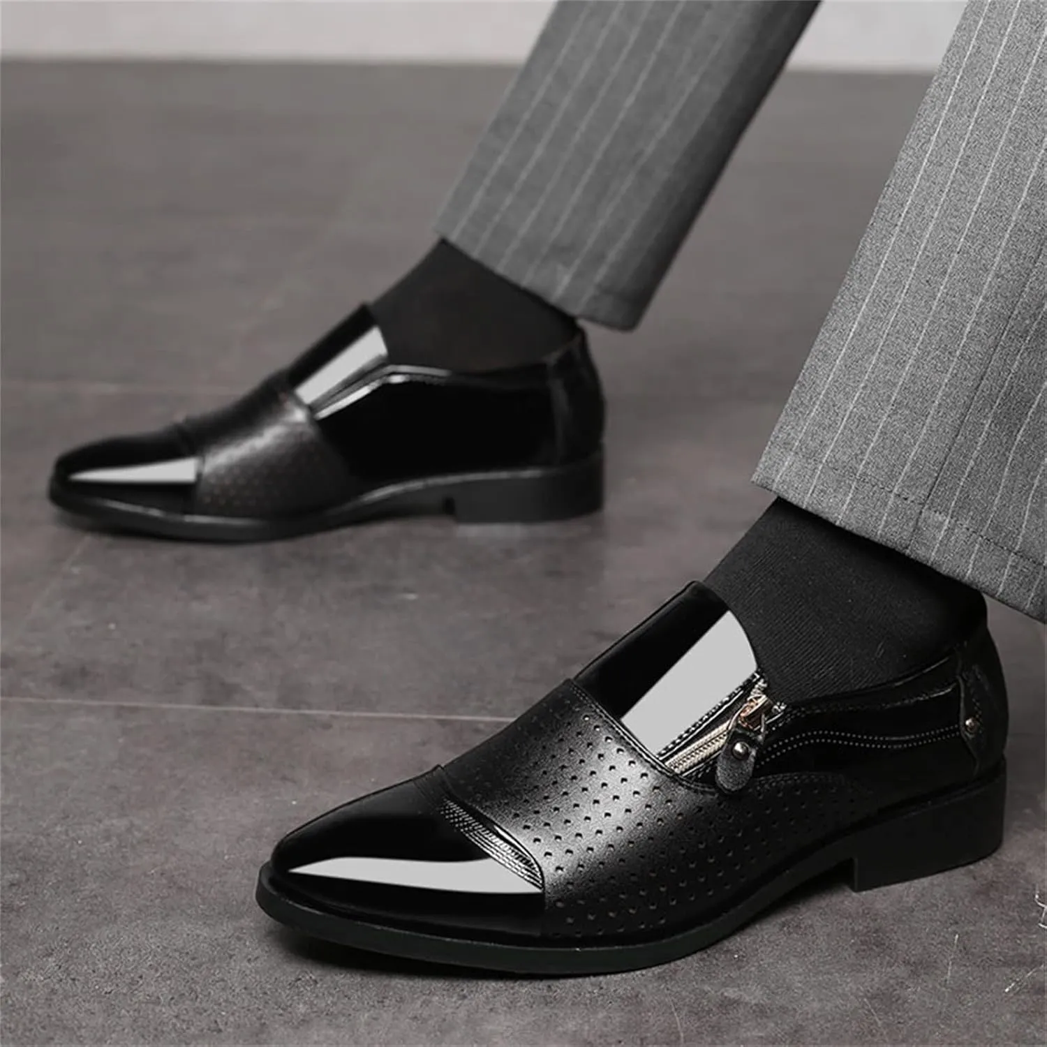 Brown Dress Shoes for Men Wide Fashion Summer and Autumn Men Leather Shoes Pointed Toe Low Heel Zipper Hollow Breathable Leisure Mens Dress Shoes Formal Classic Lace Up Oxfords