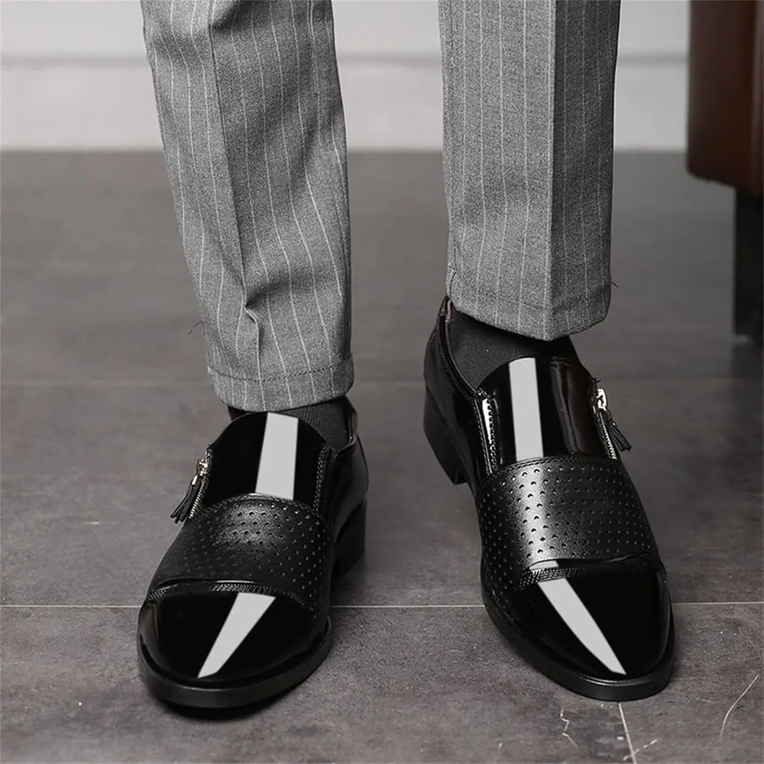 Brown Dress Shoes for Men Wide Fashion Summer and Autumn Men Leather Shoes Pointed Toe Low Heel Zipper Hollow Breathable Leisure Mens Dress Shoes Formal Classic Lace Up Oxfords