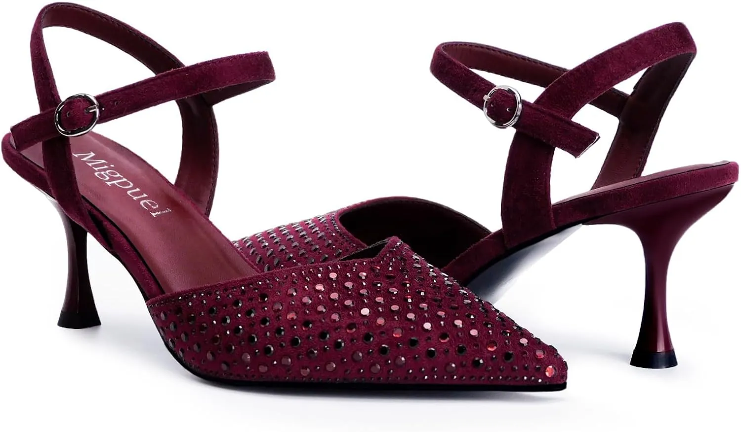Burgundy Rhinestone Kitten Heels for Women Pointed Toe Wedding Party Shoes with Adjustable Buckle Elegant Prom Dress Heels 2.7 inch Stiletto Heel